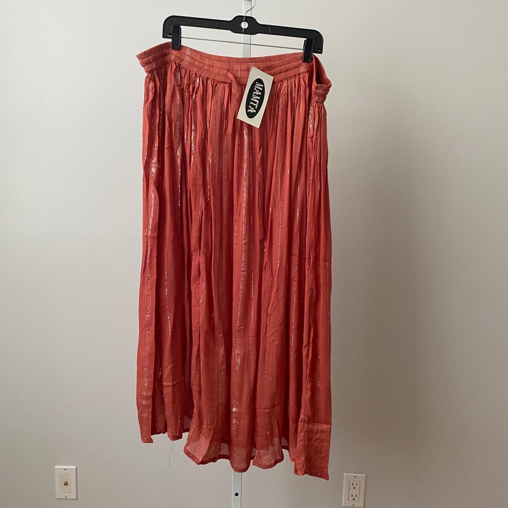 Mamta Boho Beachy Relaxed Coastal Ethereal Metallic Stripe Maxi Skirt OS Red